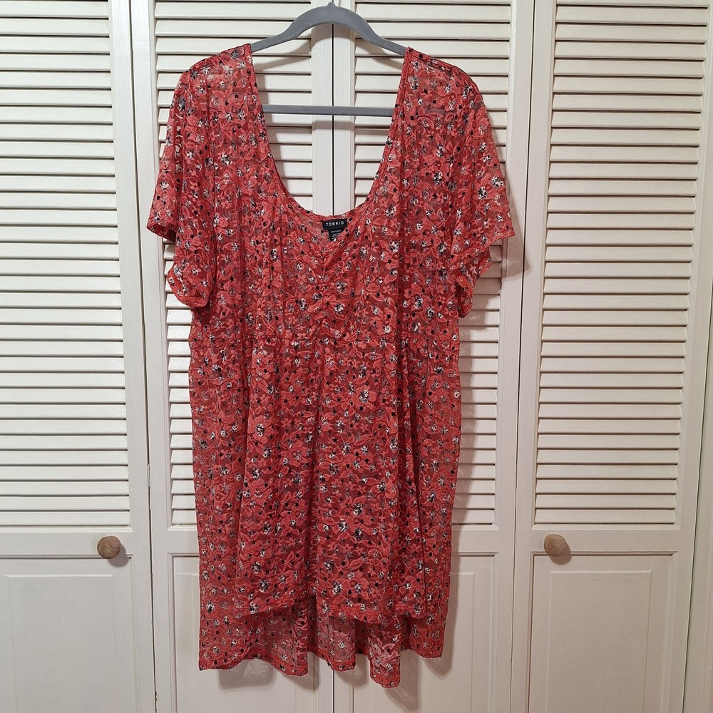 Torrid Womens Plus Size 5 Coral Pink Floral Lace Sheer Babydoll High Low Top